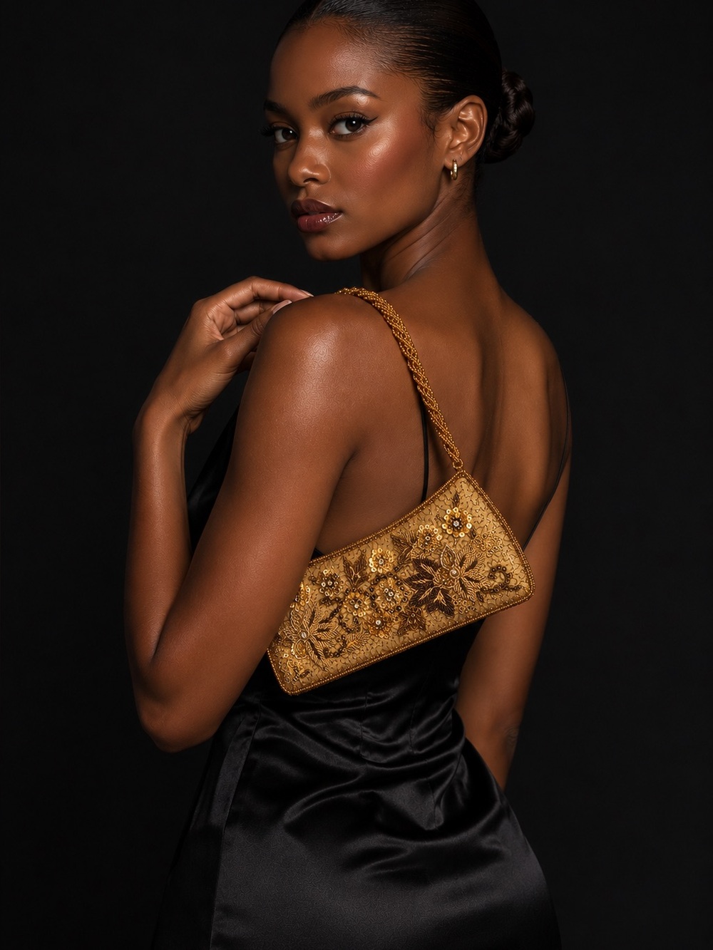 Vintage Gold Beaded Asymmetrical Evening Baguette Bag